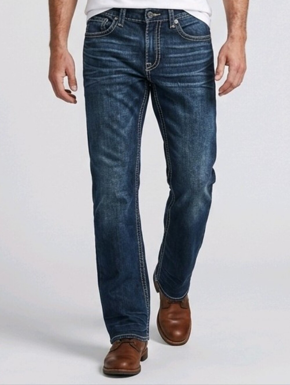 BKE Buckle Jeans 32R Dark Blue Denim Jake Bootcut Whiskering Cowboy Rock 35x32